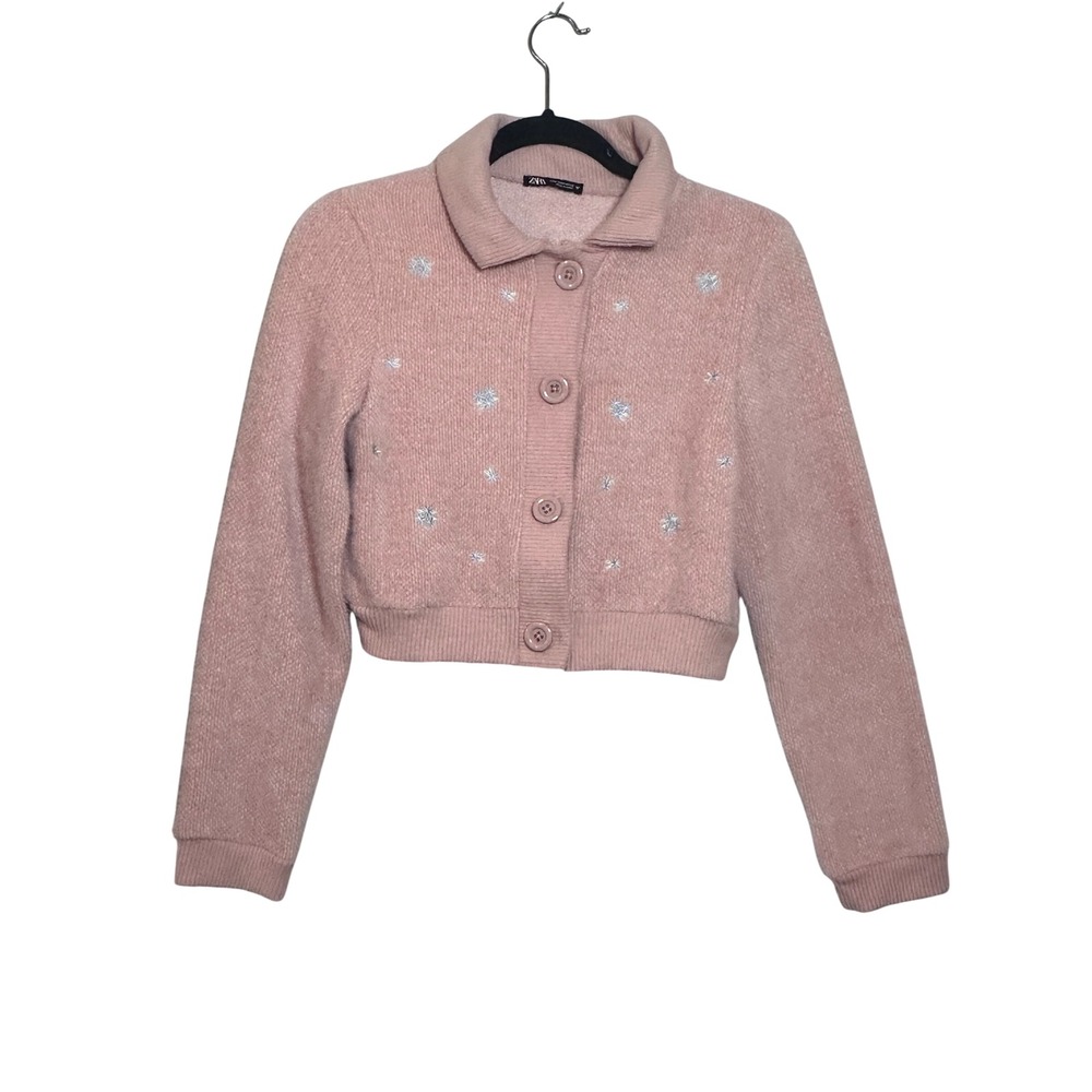Zara Womens Pink Cropped Knit Cardigan Floral Embroidered Button Front Size‎ M